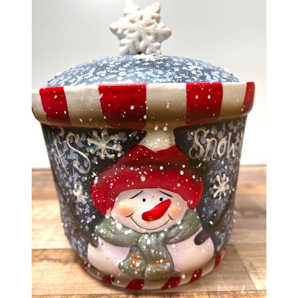 Whimsical Winter Snowman Ceramic Storage Canister With Decorative Lid - Picture 3 of 5